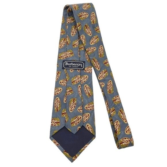 Vintage 80s Burberrys of London Silk Necktie Slate Gold  Vintage 80s Burberrys of London Silk Necktie Slate Gold Maroon Print Burberry